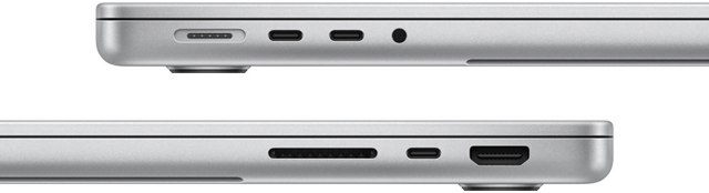 Vue latérale d’un MacBook Pro 14 pouces avec puce M3 Pro. Côté gauche : port MagSafe, deux ports Thunderbolt 4 et prise casque. Côté droit : lecteur de carte SDXC, un port Thunderbolt 4 et port HDMI